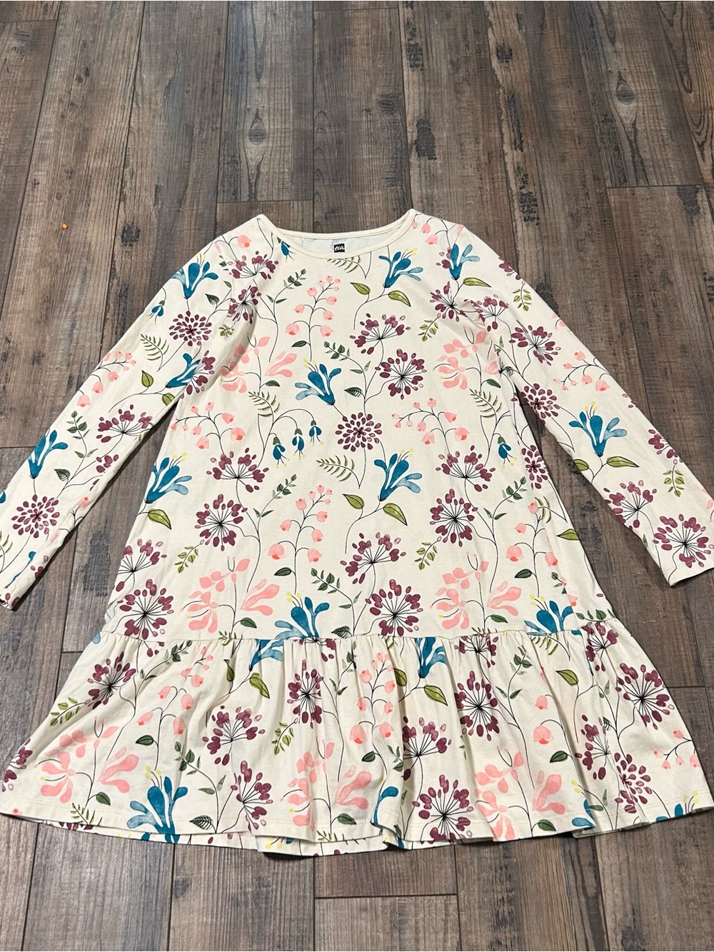 Tea Collection Girls Sz 12 Dress Floral Print Long Sleeve Ruffle Ivory Cotton